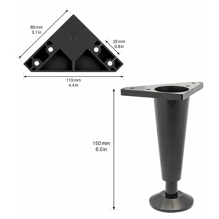 Wagner System Möbelfuß - Kunststoff, Höhe: 15,2 cm - Produktabbildung: Schwarzes, konisches Möbelbein mit dreieckiger Montageplatte und Maßangaben.