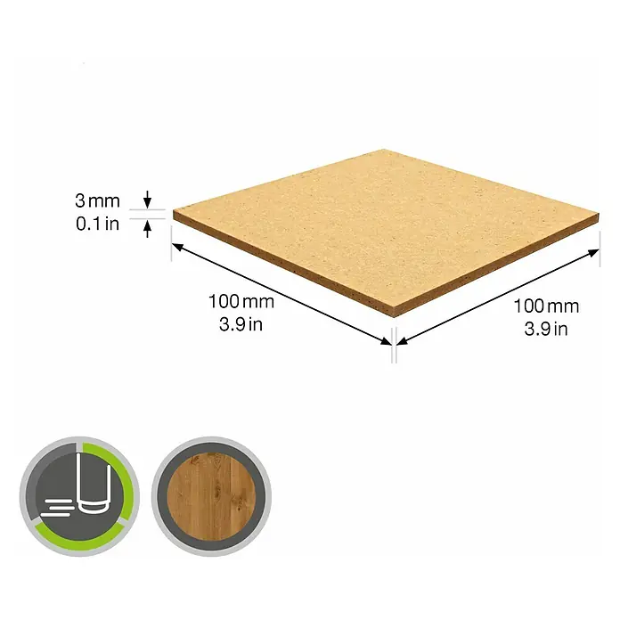 Wagner System Möbelgleiter - L x B x H: 100 x 100 x 3 mm, Kleben, 1 Stk. - Produktbild einer 3 mm starken, quadratischen Holzplatte mit den Maßen 100 mm x 100 mm.