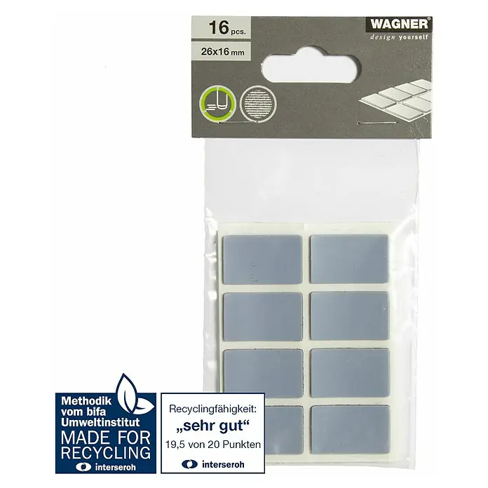 Wagner System Möbelgleiter - 16 x 26 mm, Kleben, 16 Stk. - Packung mit 16 Wagner Möbelgleitern, 26x16 mm, für Möbeldesign. Recyclingfähig und umweltfreundlich.