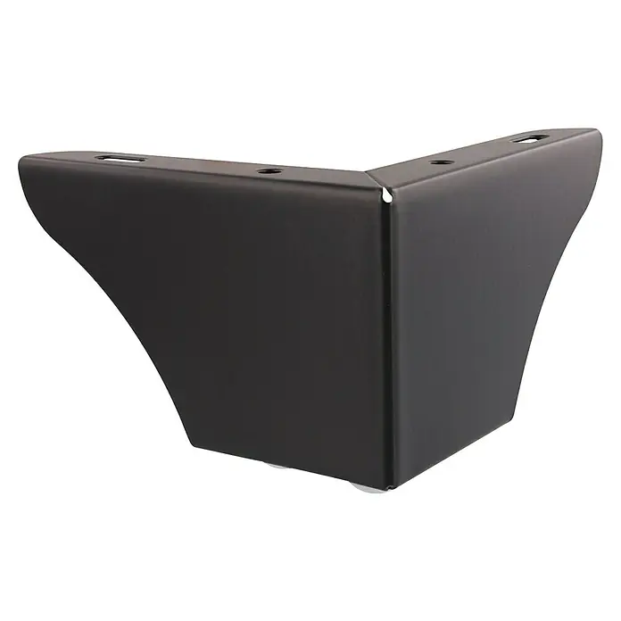 Wagner System Möbelfuß - L x B x H: 110 x 110 x 76 mm, Stahl, Schwarz - Nahaufnahme eines modernen, eckigen Möbelfußes in dunklem Farbton mit leicht geschwungenen Seiten und Befestigungslöchern oben.