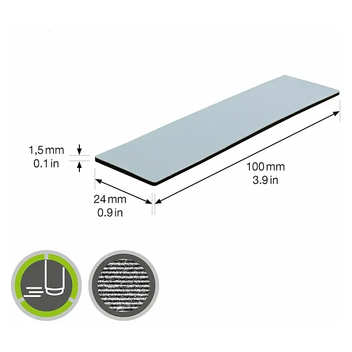 Wagner System Möbelgleiter - L x B x H: 100 x 24 x 1,5 mm, Kleben, 4 Stk. - Abbildung eines rechteckigen Möbelschutzes mit den Maßen 100 mm x 24 mm x 1,5 mm. Dieser Schutz ist ideal, um Möbel vor Kratzern zu bewahren.