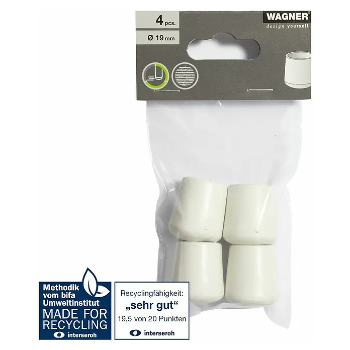 Wagner System Plastik-Gleiter - Weiß, Gesamtstückzahl: 4 Stk., Lochdurchmesser 1: 19 mm - Produktbild einer Packung mit 4 weißen Wagner Stuhlbeinkappen mit einem Durchmesser von 19 mm, verpackt in einer durchsichtigen Plastiktüte.