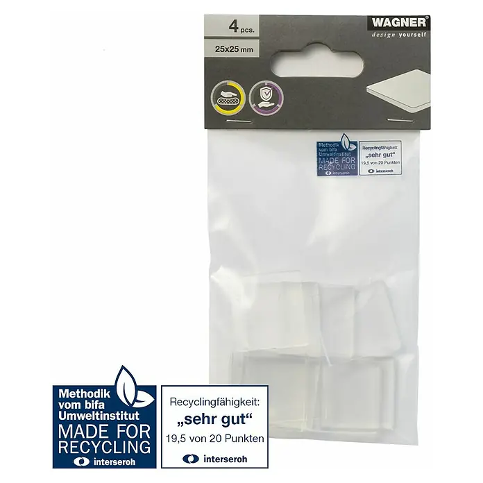 Wagner System Plastik-Gleiter - L x B x H: 25 x 25 x 6,4 mm, Transparent, 4 Stk. - Das Bild zeigt eine Packung Wagner-Möbelgleiter, 4 Stück, 25x25 mm, ausgezeichnet mit dem Recycling-Siegel "sehr gut".