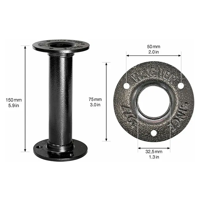 Wagner System Möbelfuß Industrial Pipe - Stahl, Höhe: 15 cm - Produktbild eines schwarzen Rohrverbindungsstücks mit Maßen, das für Stabilität und sichere Befestigung in verschiedenen Bauprojekten sorgt.