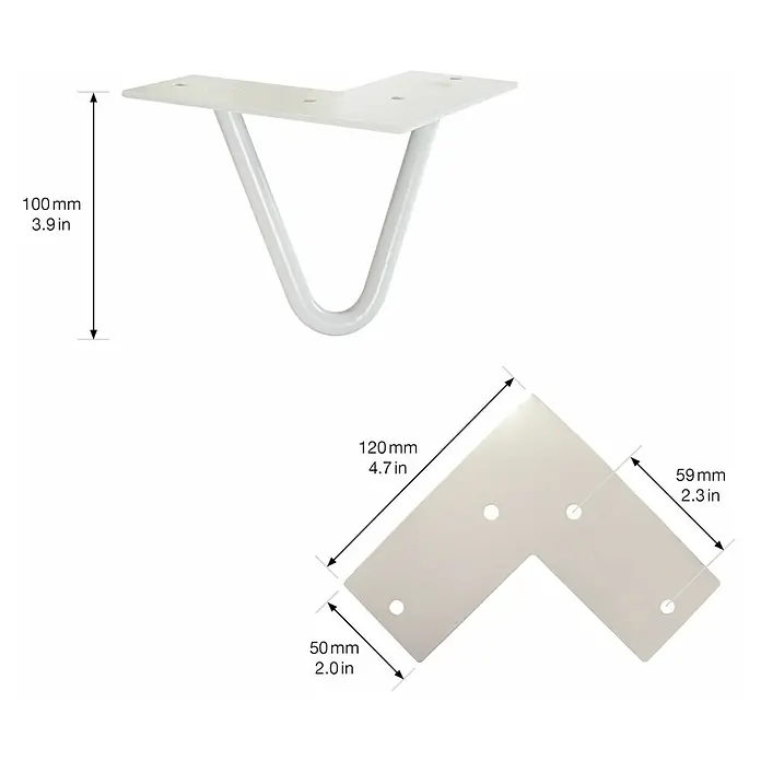 Wagner System Möbelfuß Hairpinlegs - Stahl, Höhe: 10 cm, Licht Grau - Abbildung eines weißen Möbelfußes aus Metall mit Maßangaben, der sich ideal für DIY-Möbelprojekte eignet.
