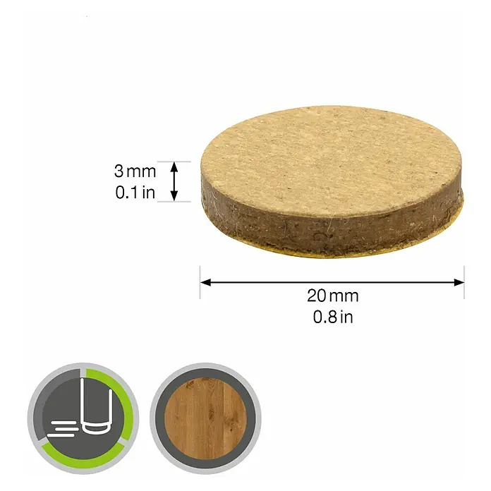 Wagner System Möbelgleiter SYNO® - Durchmesser: 20 mm, Kleben, 16 Stk. - Produktbild eines runden Möbelgleiters aus Kork mit den Maßen 20mm Durchmesser und 3mm Dicke. Ideal für den Schutz von Böden.