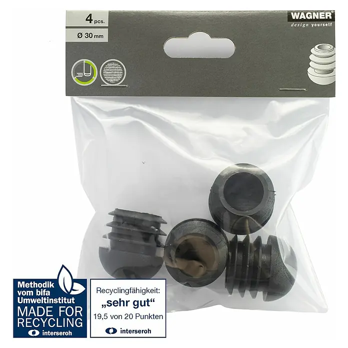 Wagner System Möbelgleiter - Lochdurchmesser: 30 mm - Wagner Möbelgleiter in Schwarz, 4 Stück, Durchmesser 30 mm, ideal zum Schutz von Böden und Möbeln, mit Recyclinghinweis.