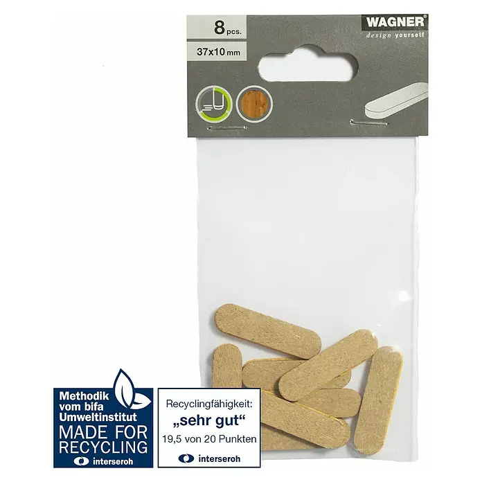 Wagner System Möbelgleiter - L x B x H: 37 x 10 x 3 mm, Kleben, 8 Stk. - Eine Packung Wagner Holz-Dübel, 8 Stück, 37x10 mm, ideal für Heimwerkerprojekte und umweltfreundliches Recycling.