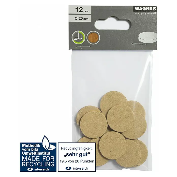 Wagner System Möbelgleiter - Durchmesser: 25 mm, Kleben, 12 Stk. - Packung mit 12 Wagner Filzgleitern, Durchmesser 25 mm, für Möbel. Mit Recyclinghinweis.