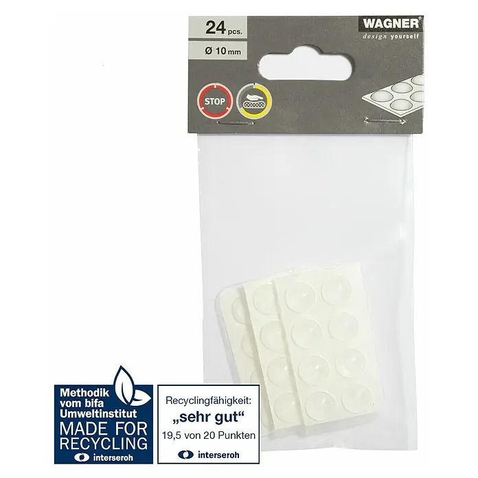 Wagner System Plastik-Gleiter - Ø x H: 10 x 3 mm, Transparent, 24 Stk. - Bild einer Packung Wagner Anti-Rutsch-Pads mit 24 Stück und 10 mm Durchmesser, zertifiziert für Recyclingfähigkeit.