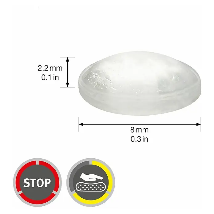 Wagner System Plastik-Gleiter - Ø x H: 8 x 2,2 mm, 24 Stk., Transparent - Produktbild eines transparenten, runden Antirutschpads mit den Maßen 8 mm x 2,2 mm. Die rutschfeste Oberfläche bietet guten Halt.