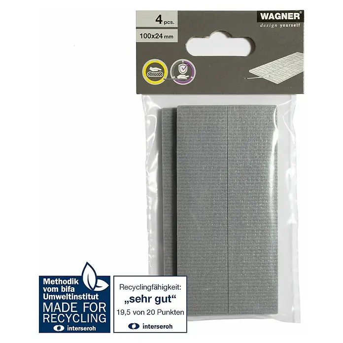 Wagner System Möbelgleiter - L x B x H: 100 x 24 x 4 mm - Das Bild zeigt eine Packung Wagner Design Pads, 4 Stück, 100x24 mm, für individuelle Gestaltungen, mit Recycling-Zertifikat.