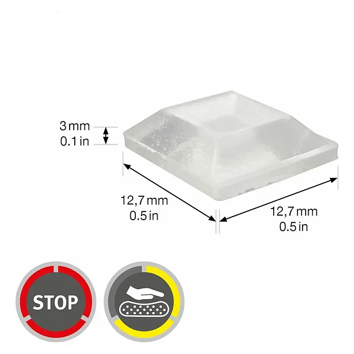 Wagner System Plastik-Gleiter - Transparent, L x B x H: 12,7 x 12,7 x 3 mm - Nahaufnahme eines transparenten, quadratischen Möbelpuffers mit den Maßen 12,7 mm x 12,7 mm und einer Dicke von 3 mm.