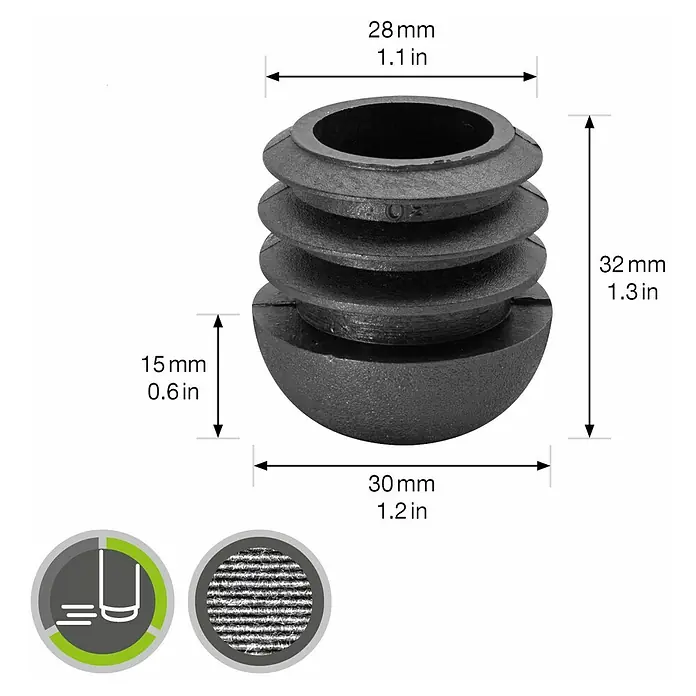 Wagner System Plastik-Gleiter - Lochdurchmesser 1: 30 mm - Bild eines schwarzen Möbelfußes mit Maßen. Dieser Kunststofffuß hat eine gerippte Form mit einer halbrunden Basis.
