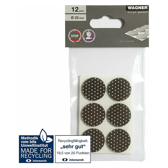 Wagner System Anti-Rutsch-Pad - Durchmesser: 22 mm, Kleben, 12 Stk. - Nahaufnahme einer Packung Wagner Design Filzgleiter, 12 Stück, Ø 22 mm, zum Schutz von Möbeln und Böden.