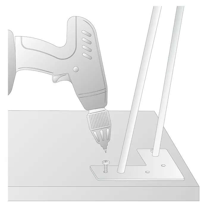 Wagner System Möbelfuß Hairpinlegs - Stahl, Höhe: 10 cm, Licht Grau - Eine Illustration eines Akkuschraubers, der eine Schraube in eine metallische Beinhalterung auf einer Oberfläche schraubt.