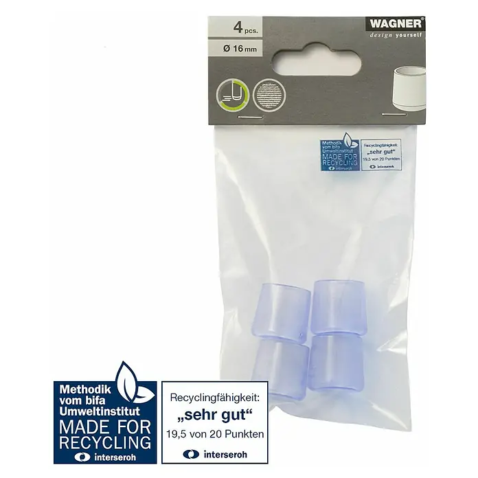 Wagner System Rohrkappen - Durchmesser: 16 mm, 4 Stk., Transparent - Bild von Wagner Stuhlkappen, 4 Stück, Durchmesser 16 mm. Die Stuhlkappen sind transparent und in einer Plastikverpackung.