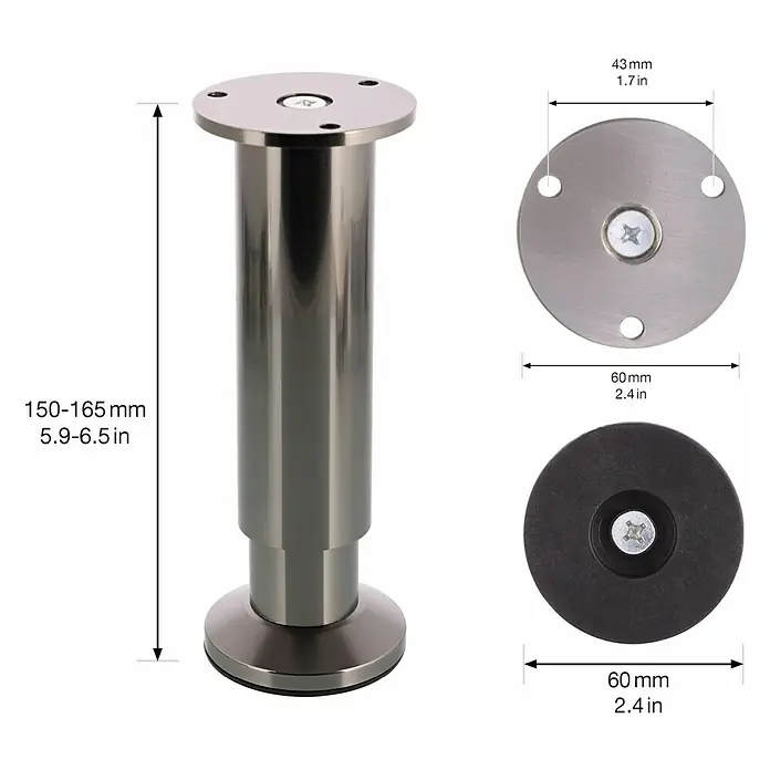Wagner System Möbelfuß - Edelstahl, Höhenverstellung: 15 cm - 16,5 cm - Bild einer Möbelfuß mit Größenangaben. Der Möbelfuß ist aus Metall und hat eine verstellbare Höhe von 150-165 mm.