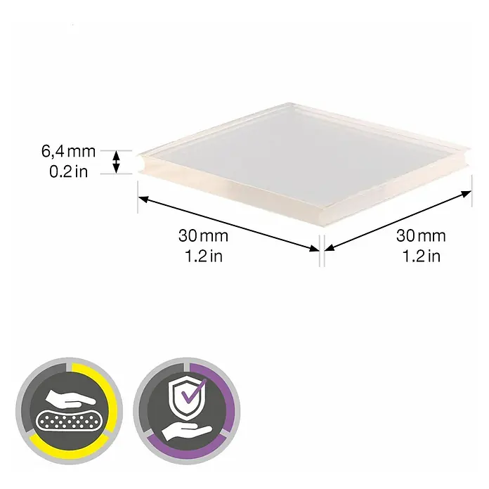Wagner System Plastik-Gleiter - L x B x H: 30 x 30 x 6,4 mm, Transparent, 4 Stk. - Abbildung eines transparenten quadratischen Objekts mit den Maßen 30 mm x 30 mm und einer Dicke von 6,4 mm.