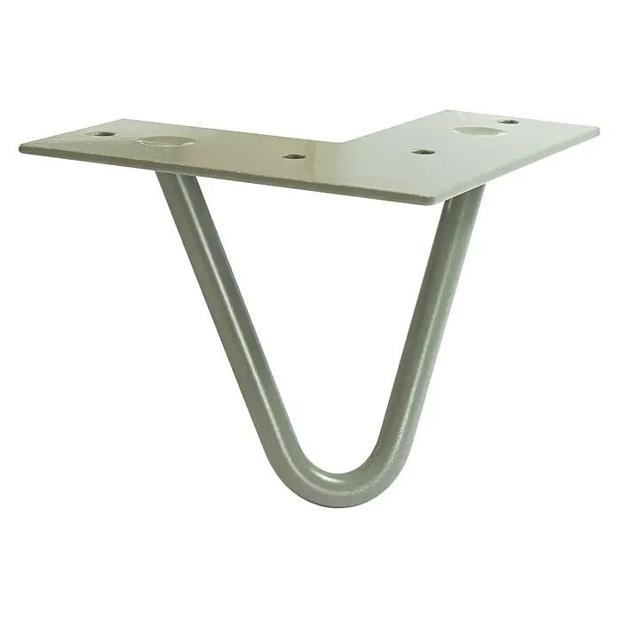 Wagner System Möbelfuß Hairpinlegs - Stahl, Höhe: 10 cm, Grau - Das Bild zeigt eine grau lackierte Tischbein-Haarnadel aus Metall mit einer flachen Montageplatte, die für Möbeldesigns geeignet ist.