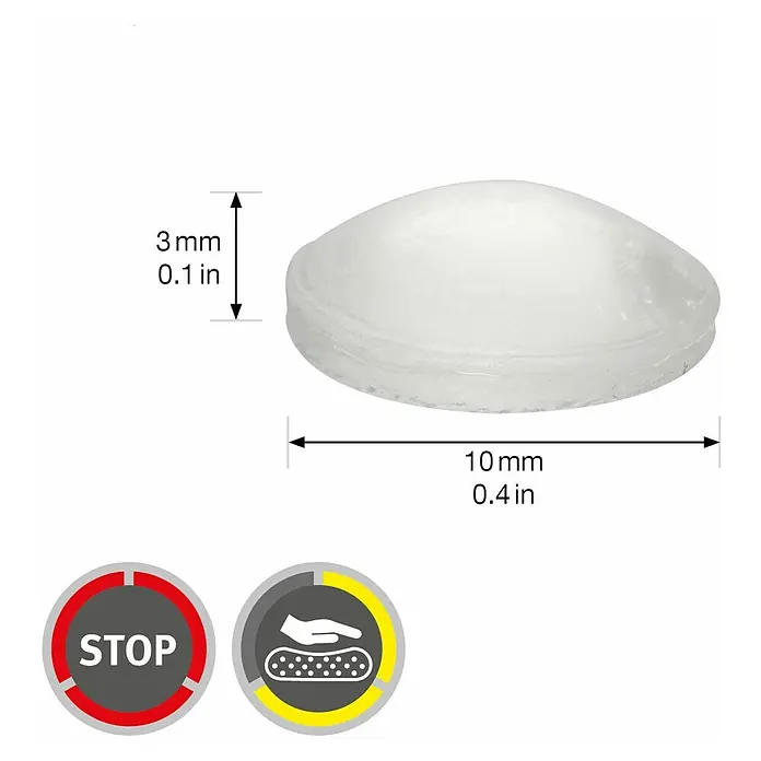Wagner System Plastik-Gleiter - Ø x H: 10 x 3 mm, Transparent, 24 Stk. - Bild einer durchsichtigen, runden Anti-Rutsch-Noppe mit Größenangaben, ideal zur Stabilisierung von Möbeln.