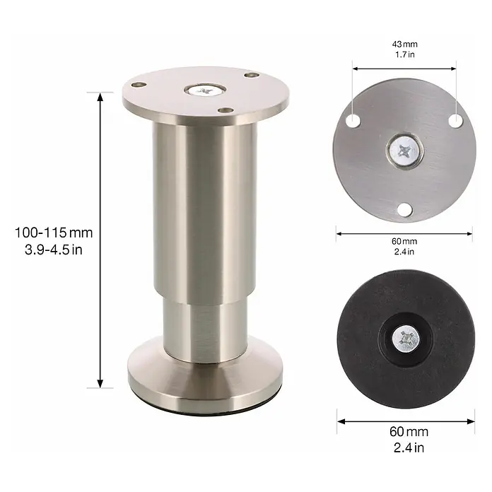 Wagner System Möbelfuß - Stahl, Höhenverstellung: 10 cm - 11,8 cm - Dieses Bild zeigt ein verstellbares Möbelbein aus Metall mit verschiedenen Abmessungen für Design und Funktionalität.