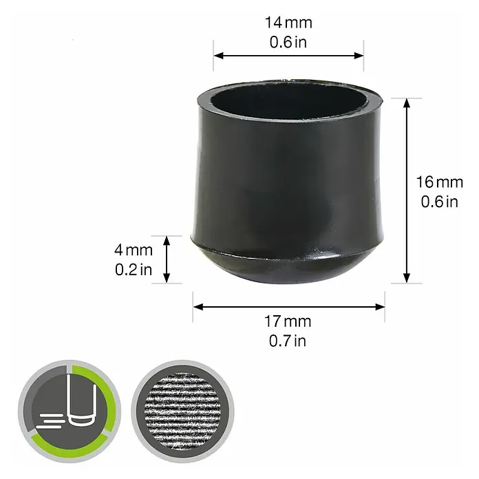 Wagner System Plastik-Gleiter - Schwarz, Gesamtstückzahl: 4 Stk., Lochdurchmesser 1: 14 mm - Schwarze Stuhlbeinkappe mit Maßangaben. Schützt Böden und reduziert Geräusche beim Möbelverschieben, einfache Montage.