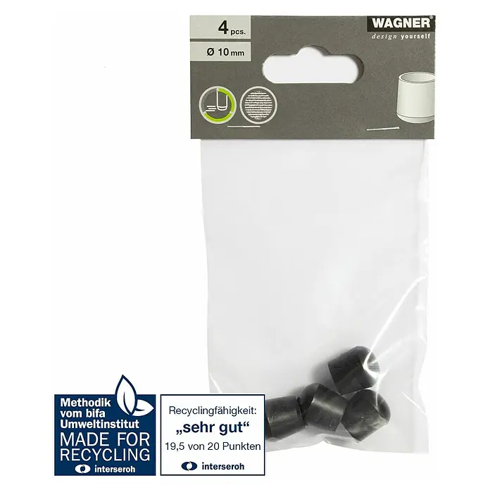 Wagner System Plastik-Gleiter - Schwarz, Gesamtstückzahl: 4 Stk., Lochdurchmesser 1: 10 mm - Eine Packung Wagner-Stuhlbeinkappen, 4 Stück, 10 mm Durchmesser. Die Verpackung ist als recycelbar gekennzeichnet.