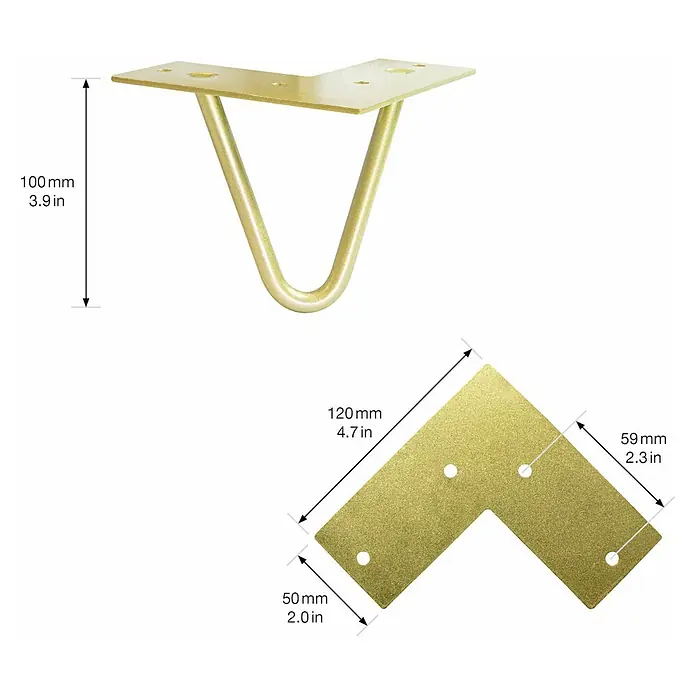 Wagner System Möbelfuß Hairpinlegs - Stahl, Höhe: 10 cm, Gold - Produktansicht eines goldenen Tischbeins mit den Maßen 100 mm Höhe und einer L-förmigen Platte mit 120 mm und 59 mm Seitenlänge.