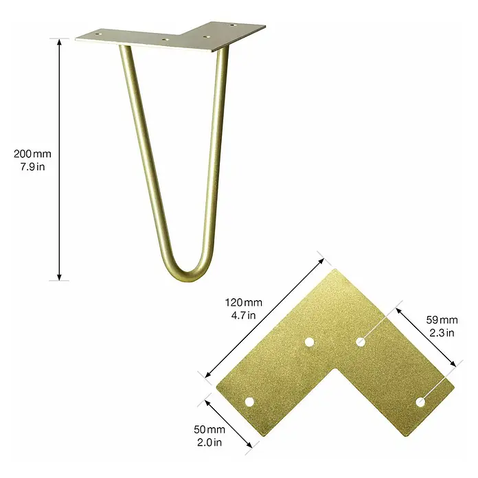 Wagner System Möbelfuß Hairpinlegs - Stahl, Höhe: 20 cm, Gold - Detailaufnahme eines goldenen, U-förmigen Tischbeins mit den zugehörigen Maßangaben.