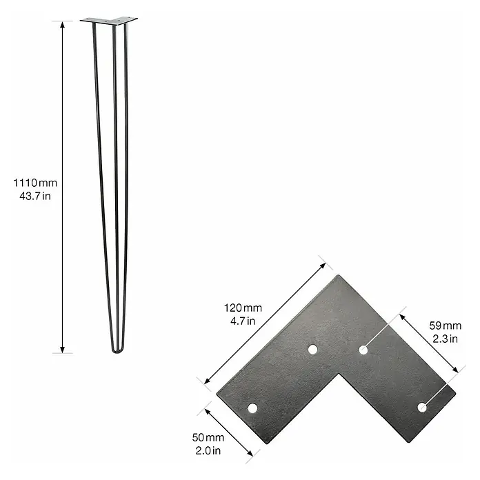 Wagner System Möbelfuß Hairpinlegs - Stahl, Höhe: 110 cm, Schwarz - Eine Nahaufnahme von einem Haarnadelbein mit Maßen und einem flachen L-förmigen Montagefuß aus Metall mit Maßen.
