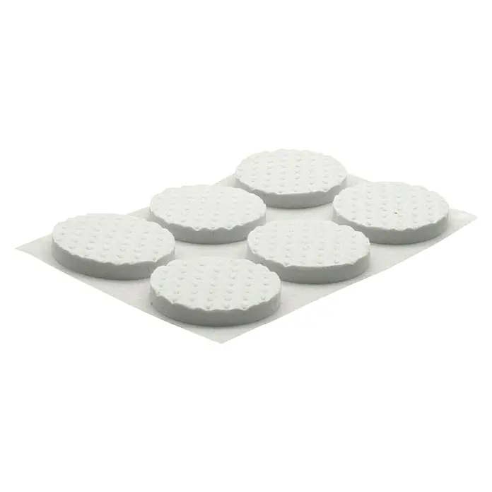 Wagner System Softpads - Ø x H: 22 x 3 mm, 12 Stk., Weiß, Kleben - Nahaufnahme von sechs runden Ziegenkäsescheiben, die auf einem weißen Tuch angeordnet sind.
