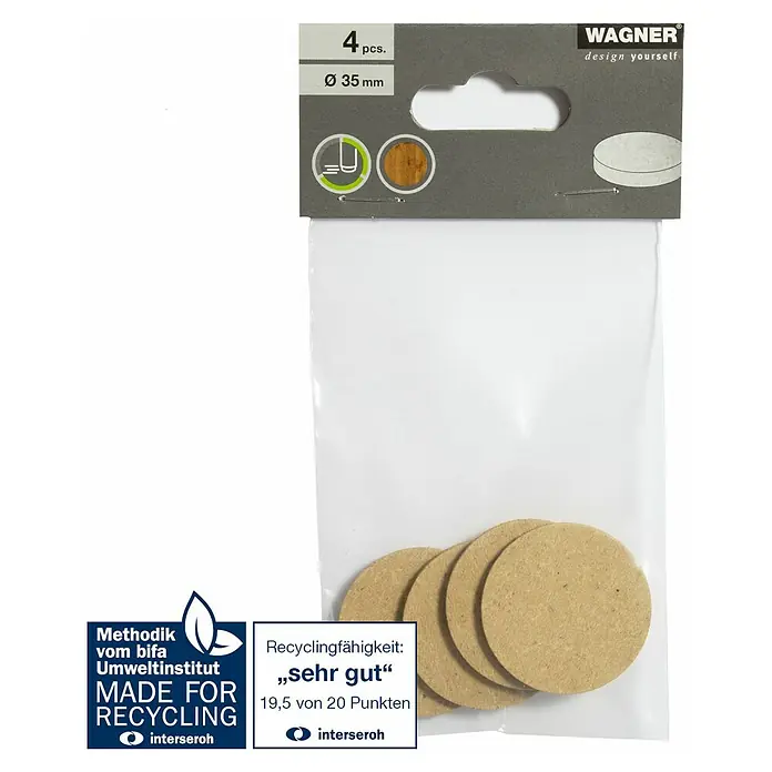 Wagner System Möbelgleiter - Durchmesser: 35 mm, Kleben, 4 Stk. - Packung mit vier Wagner Design-Filzgleitern mit einem Durchmesser von 35 mm für Möbel, ausgezeichnet für Recyclingfähigkeit.