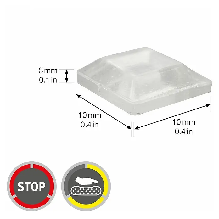 Wagner System Plastik-Gleiter - Transparent, L x B x H: 10 x 10 x 3 mm - Produktansicht eines transparenten, quadratischen Möbelgleiters mit den Maßen 10x10x3 mm, inklusive Größenangaben in mm und Inch.