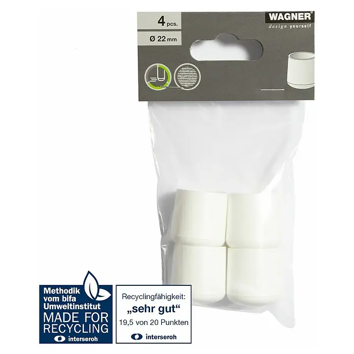 Wagner System Plastik-Gleiter - Weiß, Gesamtstückzahl: 4 Stk., Lochdurchmesser 1: 22 mm - Bild von weißen Wagner Stuhlbeinkappen, 4 Stück, Durchmesser 22mm, verpackt in einer transparenten Plastikverpackung mit grauem Kartonetikett.