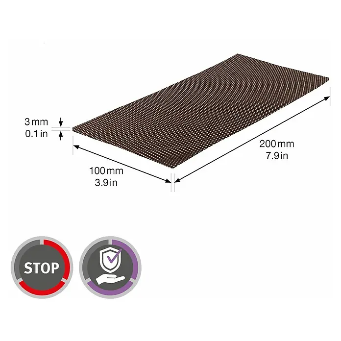 Wagner System Antirutschmatte - 200 x 100 mm, Filz, Braun, Beige - Abbildung einer rutschfesten Matte mit den Maßen 200 mm x 100 mm x 3 mm.
