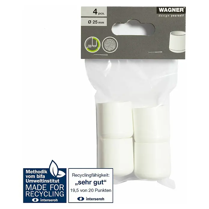 Wagner System Plastik-Gleiter - Weiß, Gesamtstückzahl: 4 Stk., Lochdurchmesser 1: 25 mm - Bild einer Verpackung mit 4 Stuhlbeinkappen von Wagner, Durchmesser 25 mm, zur Selbstgestaltung. Hergestellt für Recycling, sehr gute Recyclingfähigkeit.