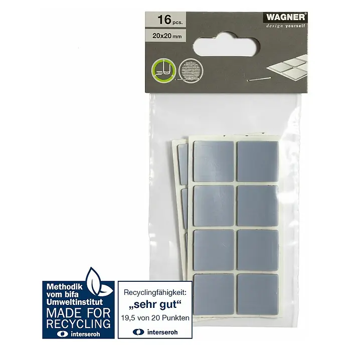 Wagner System Möbelgleiter - L x B x H: 20 x 20 x 1,5 mm, Kleben, 16 Stk. - Das Bild zeigt eine Packung Wagner Möbelgleiter, 16 Stück, 20x20mm, mit Fokus auf Recyclingfähigkeit.
