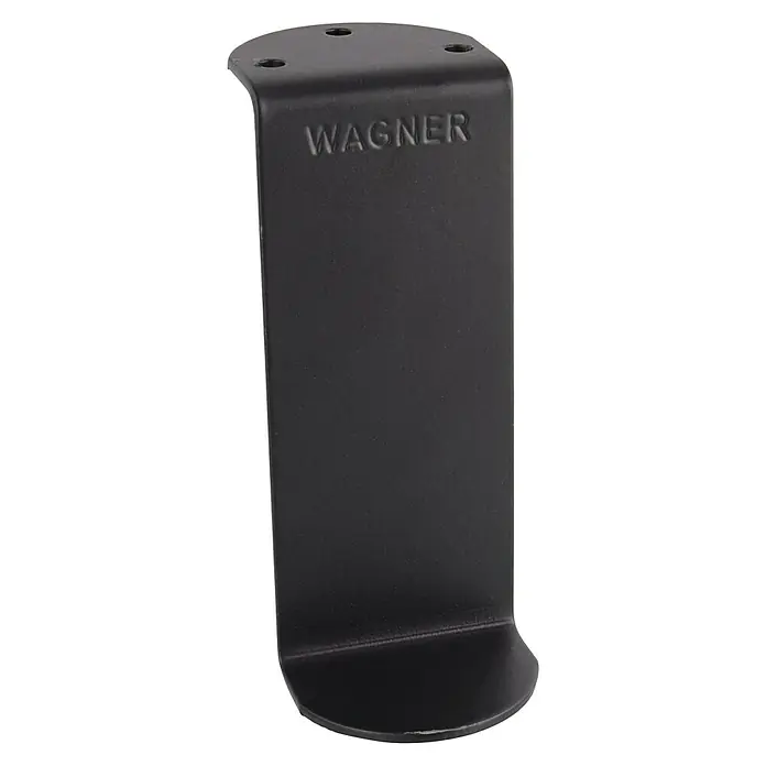 Wagner System Möbelfuß - Stahl, L x H: 5 x 12 cm - Produktbild eines schwarzen Wagner Möbelgleiters aus Metall mit vorgebohrten Löchern zur Befestigung an Möbeln.
