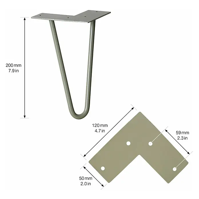 Wagner System Möbelfuß Hairpinlegs - Stahl, Höhe: 20 cm, Grau - Produktabbildung eines Tischbeins aus Metall mit L-förmiger Platte und Maßangaben in Millimetern und Zoll.