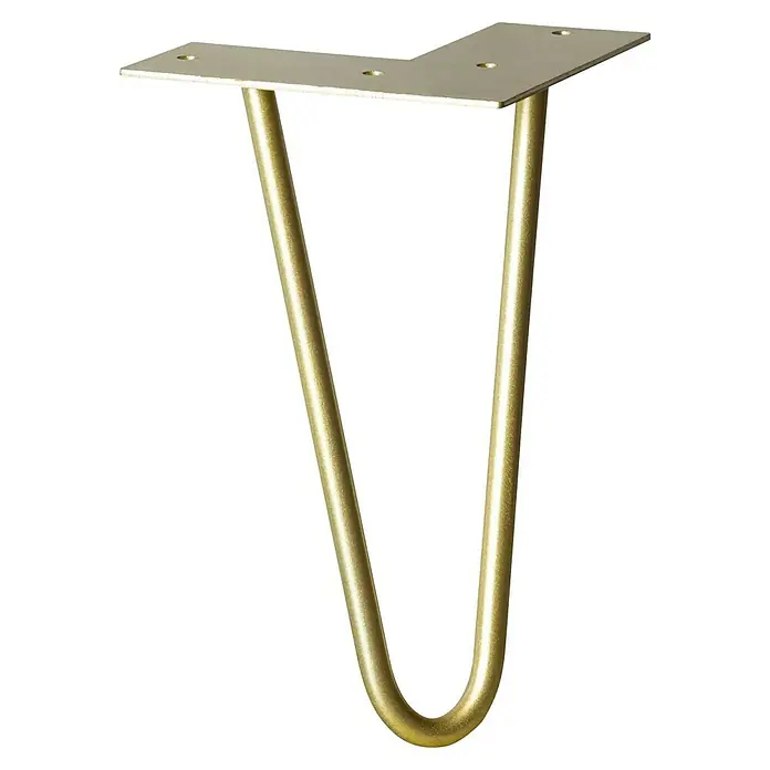 Wagner System Möbelfuß Hairpinlegs - Stahl, Höhe: 20 cm, Gold - Detailaufnahme eines goldenen Tischbeins aus Metall mit flacher Montageplatte und U-förmiger Konstruktion.