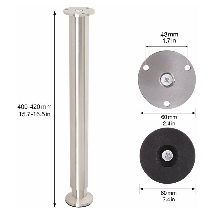 Wagner System Teleskop-Möbelfuß (Durchmesser: 3,8 cm, Höhenverstellung: 40 cm - 41,8 cm, Stahl) | BAUHAUS