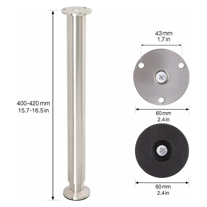 Wagner System Teleskop-Möbelfuß - Durchmesser: 3,8 cm, Höhenverstellung: 40 cm - 41,8 cm, Stahl - Bild einer silberfarbenen Möbelfuß mit den Maßen 400-420mm Höhe, 43mm Lochabstand und 60mm Durchmesser für die Auflagefläche.