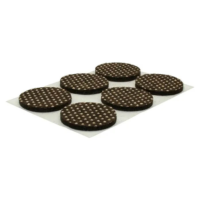 Wagner System Filzgleiter-Set - 12 Stk., Ø x H: 2,8 mm x 0,3 cm, Braun - Sechs runde, braune Pads mit Noppen auf einer weißen Unterlage, ideal für Möbel zum Schutz des Bodens vor Kratzern.