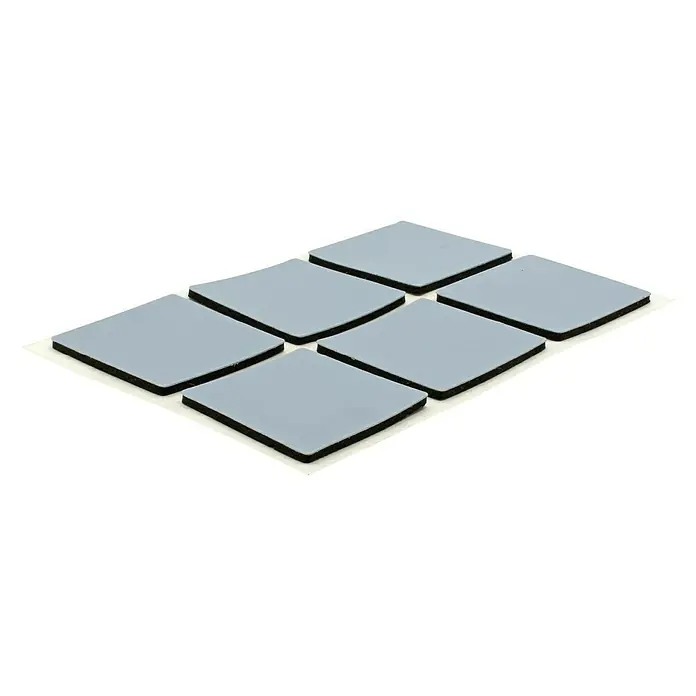 Wagner System Möbelgleiter - L x B x H: 25 x 25 x 1,5 mm, Kleben, 12 Stk. - Hier sind quadratische Möbelgleiter mit schwarzem Rand, die auf einer Folie angeordnet sind, ideal zum Schutz von Böden vor Kratzern.