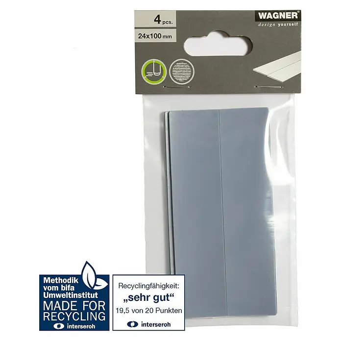 Wagner System Möbelgleiter - L x B x H: 100 x 24 x 1,5 mm, Kleben, 4 Stk. - Bild von einem Wagner Design Produkt, 4 Stück Filzgleiter 24x100mm in einer transparenten Verpackung.