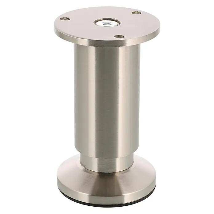 Wagner System Möbelfuß - Stahl, Höhenverstellung: 10 cm - 11,8 cm - Nahaufnahme eines silberfarbenen Möbelfußes mit Montageplatte und verstellbarem Sockel.