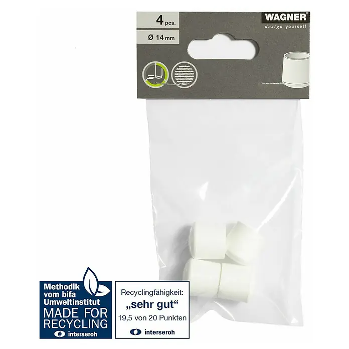 Wagner System Rohrkappen - Durchmesser: 14 mm, 4 Stk., Weiß - Bild einer Verpackung mit 4 Stuhlbeinkappen von Wagner, Ø 14 mm, recyclingfähig mit „sehr gut“ bewertet.