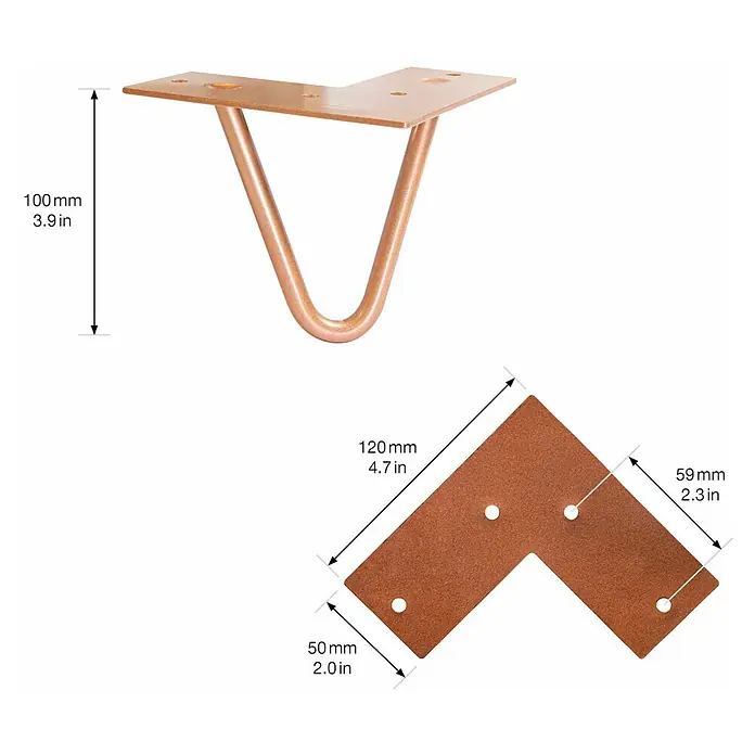 Wagner System Möbelfuß Hairpinlegs - Stahl, Höhe: 10 cm, Rosé Gold - Detailaufnahme eines roségoldenen Tischbeins mit Maßangaben für Design, Heimwerken und Möbelbau.
