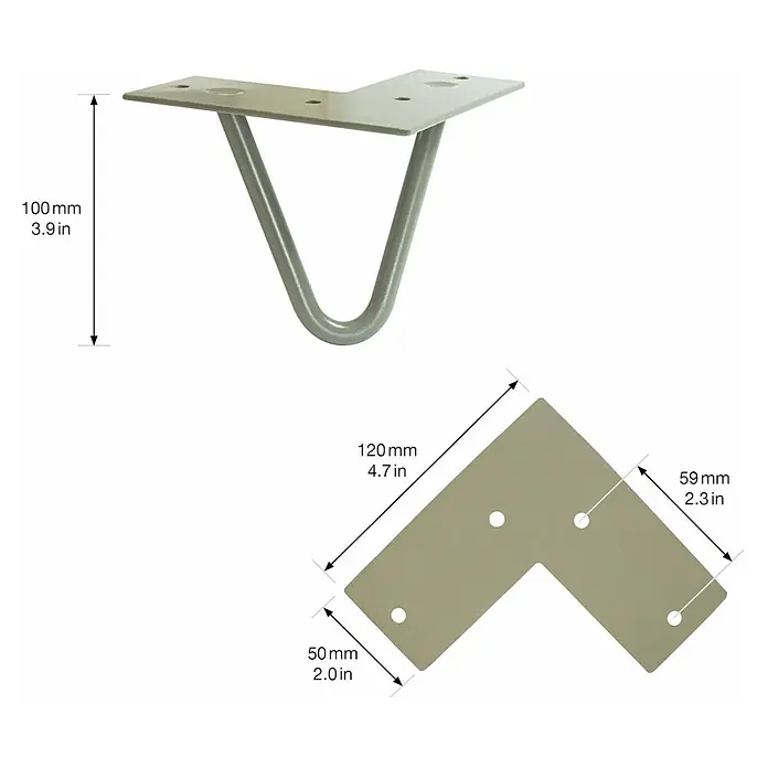 Wagner System Möbelfuß Hairpinlegs - Stahl, Höhe: 10 cm, Grau - Detailaufnahme eines Tischbeins aus Metall mit Maßangaben. Ideal für DIY-Möbelprojekte und zur individuellen Gestaltung von Tischen.